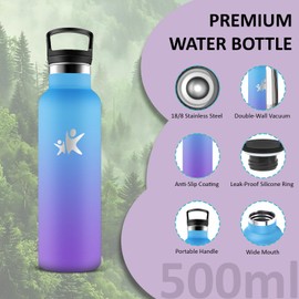 Trinkflasche Edelstahl- 0.5L- Thermosflasche, BPA-Frei, Wasserflasche mit Strohhalm, Doppelwandige Vakuumisolierte, Trinkflasche Auslaufsicher, Wasserflasche für Wandern, Fitness, Erwachsene, Camping