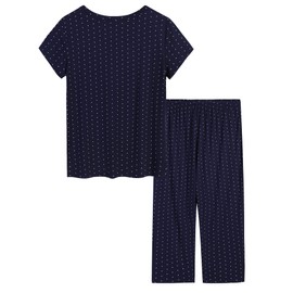Amorbella Womens Summer Cooling Short Sleeve Bamboo Capri Pyjamas/PJs Moisture Wicking Nightwear (Navy Polka Dot, M)