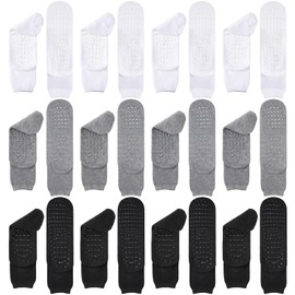 Foaincore 12 Pairs XX-Large Slipper Socks Terry Ring Non Slip Gripper Socks for Adults Home Hospital (Black,Grey and White)