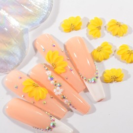 QIMYAR 6Pcs Pure Handmade Sunflowers Acrylic Flower Nail Charms, 9x13mm 3D Sculpted Sunflowers with Metal Caviar Nails Beads Design Handmade Nail Floral Nail Art Accessories Manicure DIY Crafts