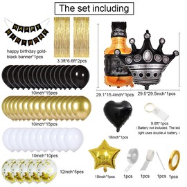 MSMANCY Black and Gold Birthday Decorations with Happy Bithday Banner, Curtains, Bottle, Crown, Heart Star Balloons and LED light for Black Birthday Party Decorations Men Women(Black-gold)