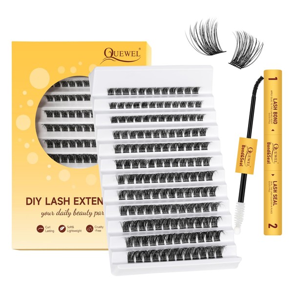 QUEWEL DIY Lash-Extensions Kit MIX10-18mm Lash-Clusters with Bond&Seal Super Hold,