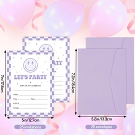 JarThenaAMCS 25 Set Smile Face Party Invitations with Envelopes Retro Light Purple Checkered Happy Face Paper Invites for Birthday Celebration Party Decor, 5 x 7 Inch