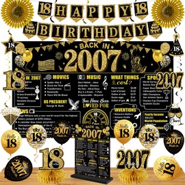18th Birthday Decorations Kit for Men Women, Black Gold 24PCS Back in 2007 Banner Decorations , Vintage 2007 Banner Wooden Table Sign Poster Hanging Swirl Balloons Papar Fans Cheers to 18 years