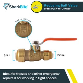 SharkBite 3/4 x 1/2 in PTC Reducing Ball Valve, Push-to-Connect Brass Water Shut-Off Plumbing Fitting, 22973LF