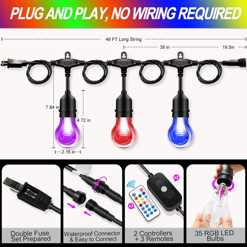 Outdoor String Lights, 96FT Multicolor LED Dimmable RGB with Remote