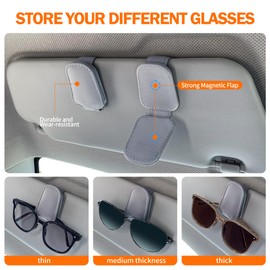 Sunglasses Holders for Car Sun Visor, 2pack Magnetic Leather Glasses Eyeglass Hanger Clip for Car, Ticket Business Card Clip Eyeglasses Mount Car Visor Accessories (Grey)