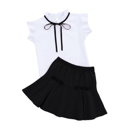 LIONJIE Girl's 2 PCS Skirt Sets Summer Bow Frilled Neck Ruffle Sleeve Tops Solid Fishtail Mini Short Skirt 3-4Y