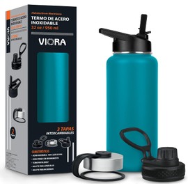 VIORA Termo de Acero Inoxidable para Café y Agua 950 ml (32 oz) Contiene 3 Tapas para Diferentes tipos de Bebidas, Ideal para Mantener la Temperatura