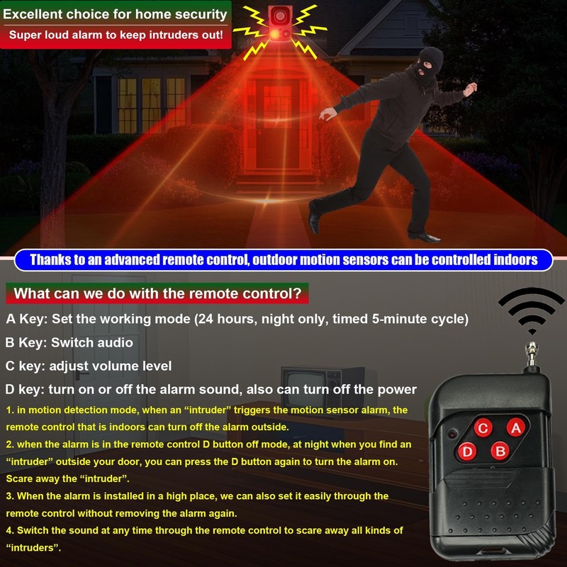 Solar Outdoor Motion Sensor Alarm - Noise maker129dB Alarm, Recording,