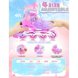 2PM SPORTS Kids Inline Skates Girls Ages 5-8 8-12 4-6 6-12 10-14 with Light Up Wheels, Adjustable Kids Blades Roller Skates for Girls Beginner Youth Outdoor Size 11C 1 2 3 4 5 6 7 8 Pink Butterfly