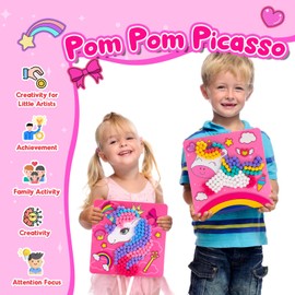 Toddler Arts & Crafts Kit DIY Toy, Girls Mermaid Pom Poms Crafts Gifts for Kids Ages 2 3 4 5 6 - Toddler Crafts DIY Sensory Activity - Builds Fine Motor & Coordination Skills- Makes 3 Art Pieces