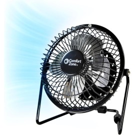 Mr. Brands, LLC. Comfort Zone 4" USB Desk Fan Black Metal Single Speed 360° Tilt Compact Durable