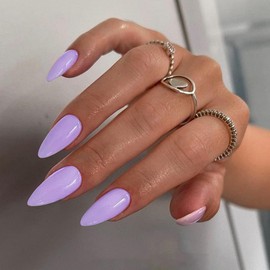 Light Purple Press on Nails Medium Stiletto Almond,KQueenest Pure Color Acrylic Nails Kit Reusable Fake Nails with Feature Protective UV Coating for Women Nail Art Manicure in 24PCS