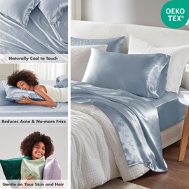 Madison Park Satin Sheets King Size, Luxurious Silky Bed Sheets, Elastic 14" Pocket fits up to 16" Mattress, Wrinkle-Free, Soft Satin Bed Sheet Set, Blue 6 Piece