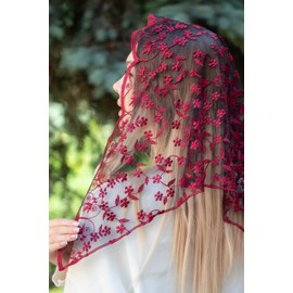Maria Veils Catholic Mantilla Mass Infinity Veil Church Lace Veil Spanish Chapel Mass Head Covering Veil Short (Birgundy)