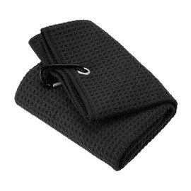 PATIKIL 16"x16" Tri-Fold Golf Towels, Waffle Pattern Towels Soft Fiber Strong Water Absorption with D Clip for Golf Lovers, Black