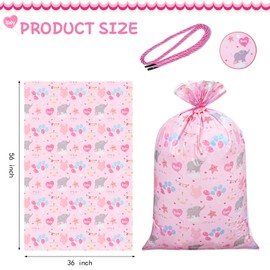 Plauthus 56” Jumbo Pink Gift Bag with Tag, Giant Baby Girl Gift Bag (Elephant, Heart Balloons, Sleepy Star) for Baby Shower，Birth of Baby, New Parent (Baby-Pink)