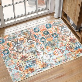 Feisme Area Rug 2x3 Washable Rug - Waterproof Floral Rugs Non Slip Door Mat Vintage Distressed Rug Doormat Indoor Entrance Thin Rug Ultra Soft Floor Carpet for Living Room Kitchen Bathroom Bedroom