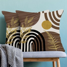 Brown Mustard Yellow Boho Pillow Covers 18x18 Inch 2 Pcs,Tropical Leaf Summer Outdoor Decorative Throw Pillows,Mid Century Abstract Farmhouse Decor Pillowcase Linen Cushion Cover for Couch Sofa