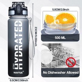 NAVTUE Water Bottle, 16oz Sports Water Bottles with Time Marker Wide Mouth, Motivational and Leakproof Drink Bottle, BPA Free Tritan with Carry Strap for Gym Fitness Outdoor(Direct Drink)