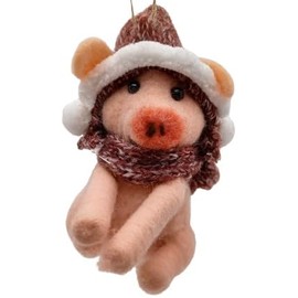 OnHoliday Wool Felt Barnyard Farm Animal Pink Pig in Red Santa Hat and Scarf Ears Through Hat Style B Hanging Christmas Tree Ornament