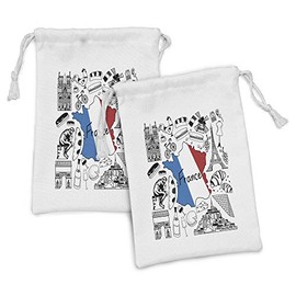 Ambesonne Notre Dame de Paris Fabric Pouch Set of 2, Famous Traditional Things of French Culture, Small Drawstring Bag for Toiletries Masks and Favors, 9" x 6", Grey Multicolor