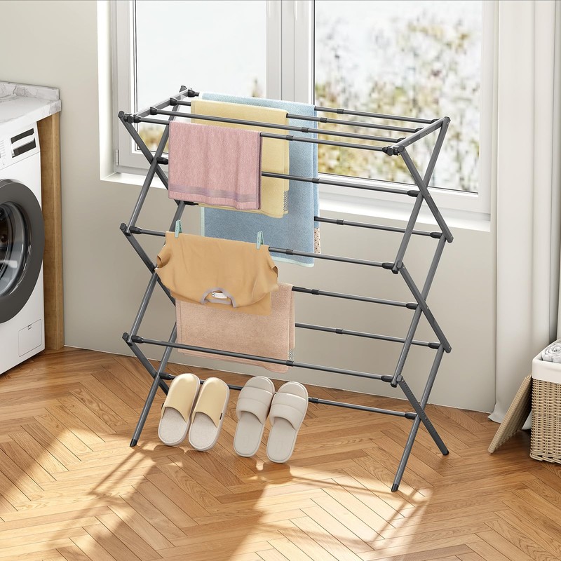 3-Tier Extendable Clothes Drying Rack, Small & Foldable, Grey