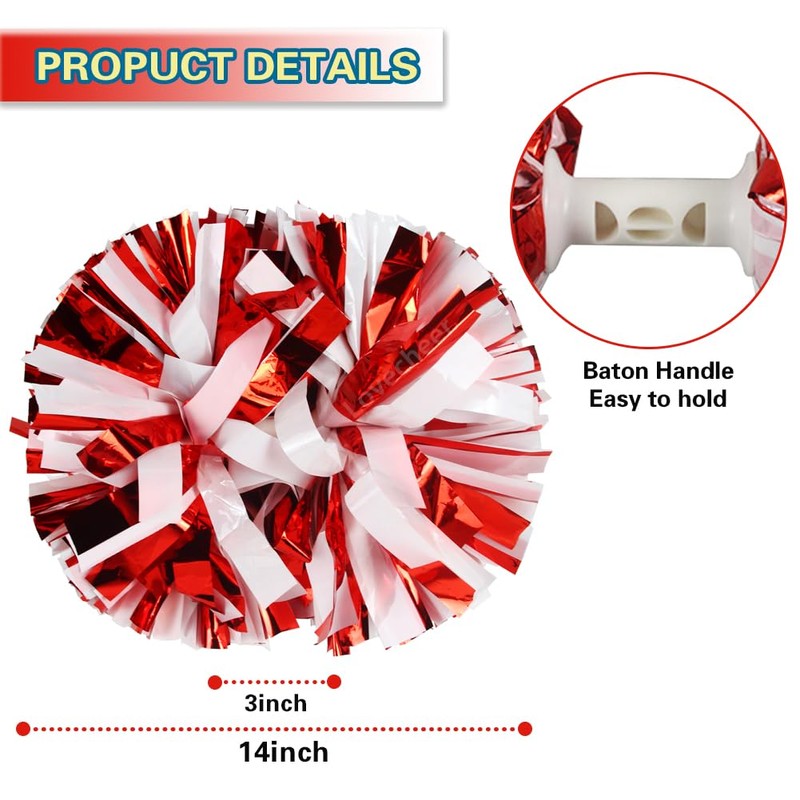 Lovecheer 2PCS Cheerleading Pom Poms Metallic Red and White Plastic