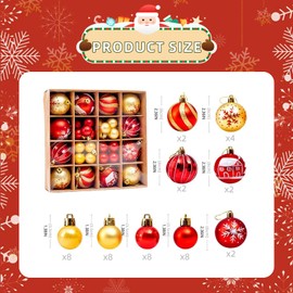 Christmas ornament set, 44 pieces, gold and red, various designs, Christmas tree hanging ball ornaments, Christmas wedding party, holiday home decoration