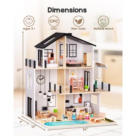 BIERUM Wooden Dollhouse, Large Modern Doll House with 49Pcs Furniture Accessories, Dolls & Pets, DIY Puzzle Pool Yard, Wood Dollhouse Toy for Toddlers 3+, Ideal Gift for Boys and Girls (Black)