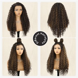 24 Inch Dark Brown Curly Synthetic Lace Front Wig with Baby Hair Brown Highlight Long Curly Wavy Wigs for Women Daily Party Use