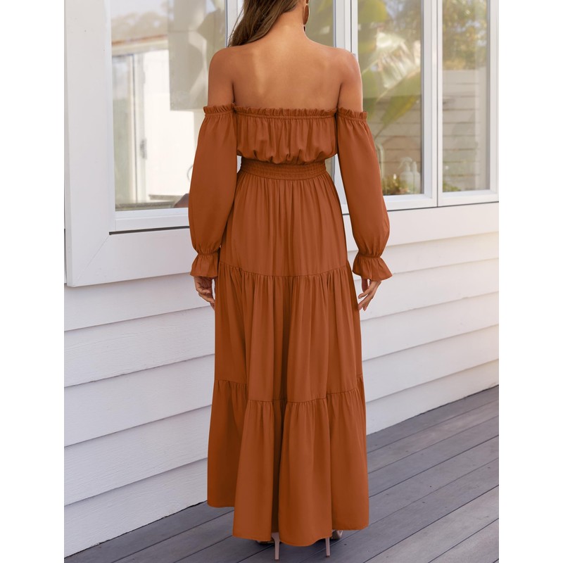 ZESICA Women's 2025 Boho Sexy Off Shoulder Long Sleeve Smocked