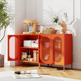 Small 2 Transparent Door Metal Storage Side Buffet Cabinet for Bed Room,Living Room,Entryway,Hallway,Home,Hotel,Office,Garage,Kitchen,1 Removable Shelf. (Mesh Door, Orange)