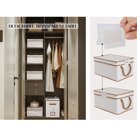 LoforHoney Home Fabric Storage Bins with Lids for Organizing, Foldable Storage Boxes with Lids for Shelves, Clothes Baskets with Cotton Rope Handles, Closet Storage Bins, Large, Beige & Brown, 4-Pack