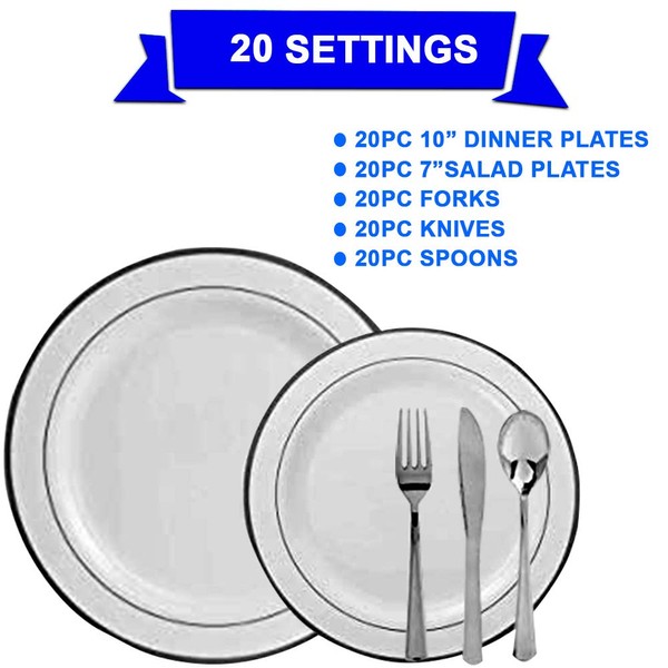 100 Pieces Plastic China Plate Silverware Combo for 20 people WHITE with SILVER Reflection Masterpiece Like