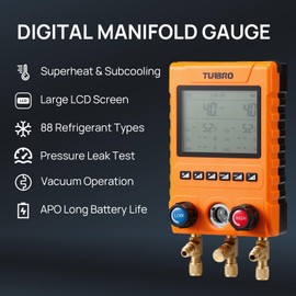 TURBRO Digital Manifold Gauge Set with 2 Wired Temperature Clamps and 3 Hoses, HVAC System Pressure and Temperature Measurement, Compatible with 88 Refrigerants, MG800-PRO