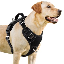 BARKBAY No Pull Dog Harness 3 Buckles Large Reflective Dog Harness with Front Clip and Easy Control Handle for Walking Training Running with ID tag Pocket(Black,M)