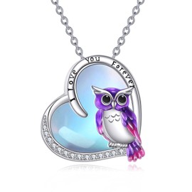 Hummingbird Owl Necklace for Women 925 Sterling Silver Heart Moonstone Pendant Owl Jewellery Gifts for Mum and Wife, Sterling Silver Sterling Silver Moonstone, Moonstone