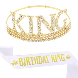 ALRBE TIN Tiara for Men Birthday, Birthday King Sash and Crown Set for Men Birthday Party Favors Decorations Gold Crown White Sash for Men Birthday Gifts