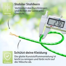 Luna Washing Line 50 m - Washing Line Extra Strong with Steel Insert - Stretch-free and Weather-Resistant - Includes Tensioner - Green Plastic Coating - Ideal for Garden & Camping - Made in EU