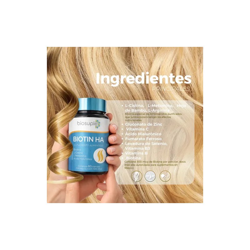Biosuple Biotina Ácido Hialurónico Vitaminas 60 Cápsulas Uñas Cabello
