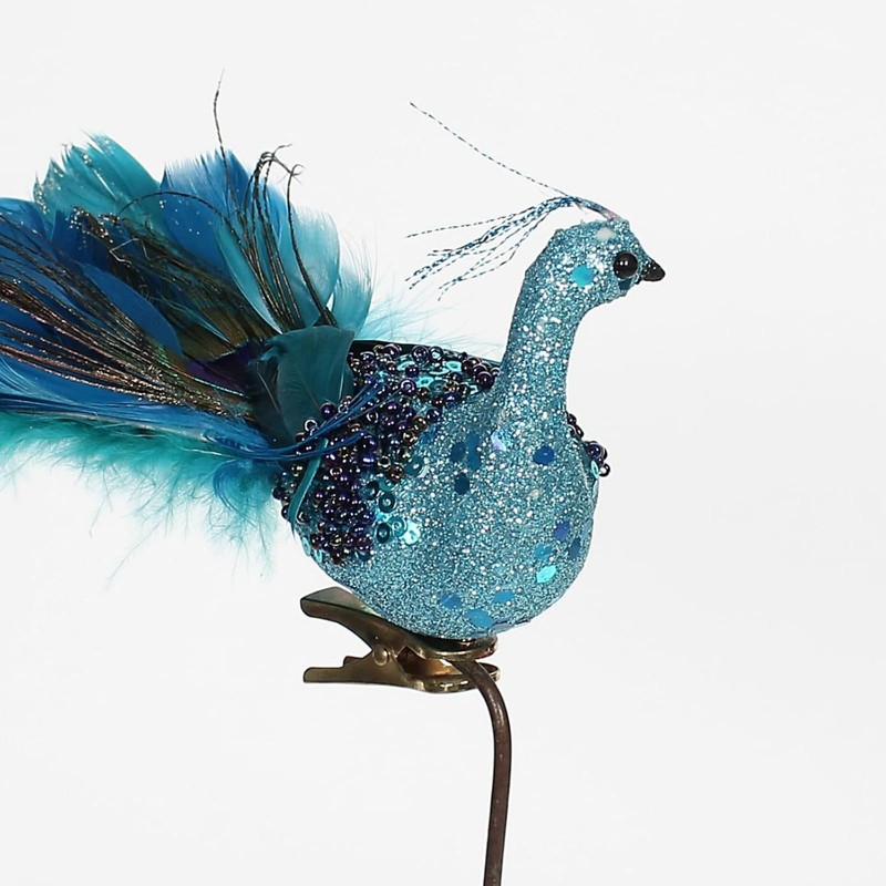Glitter Blue Peacock Christmas Tree Ornaments with Clips 11inch Feathered
