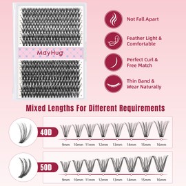 Mayhug Eyelashes, 40 + 50D Individual Eyelashes, 280 Pieces, D Curl Cluster Lashes, 9-16 mm, DIY Natural Eyelashes, Fake Lashes (40 + 50D)