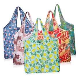 VILLFUL 5 Pcs Reusable Grocery Tote Bags Washable Shopping Bags Strong Straps Bag for Travel Daily Needs Polyester