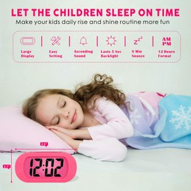 Easy to Set, Plumeet Large Digital LCD Travel Alarm Clock with Snooze Good Night light, Ascending Sound Alarm & Handheld Sized, Best Gift for Kids (Pink)