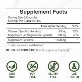 Deal Supplement Magnesium Glycinate 500mg / 1000mg Plus Vitamin C, 240 Capsules, Easy Absorption