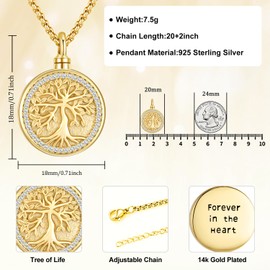 Aniu Tree of Life Necklace Cremation Jewelry for Human Ashes Gold Plated Tree Pendant for Women Men Memorial Keepsake Necklace of Loved Ones
