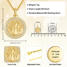 Aniu Tree of Life Necklace Cremation Jewelry for Human Ashes Gold Plated Tree Pendant for Women Men Memorial Keepsake Necklace of Loved Ones