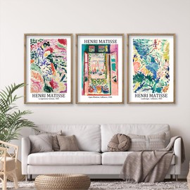 Henri Matisse Wall Art Decor Set of 3 16x11 Inch Large Rustic Farmhouse Aesthetic Wood Framed Matisse Sign Modern Home Bedroom Living Room Office Abstract Landscape Print Wall Hang (Wood)